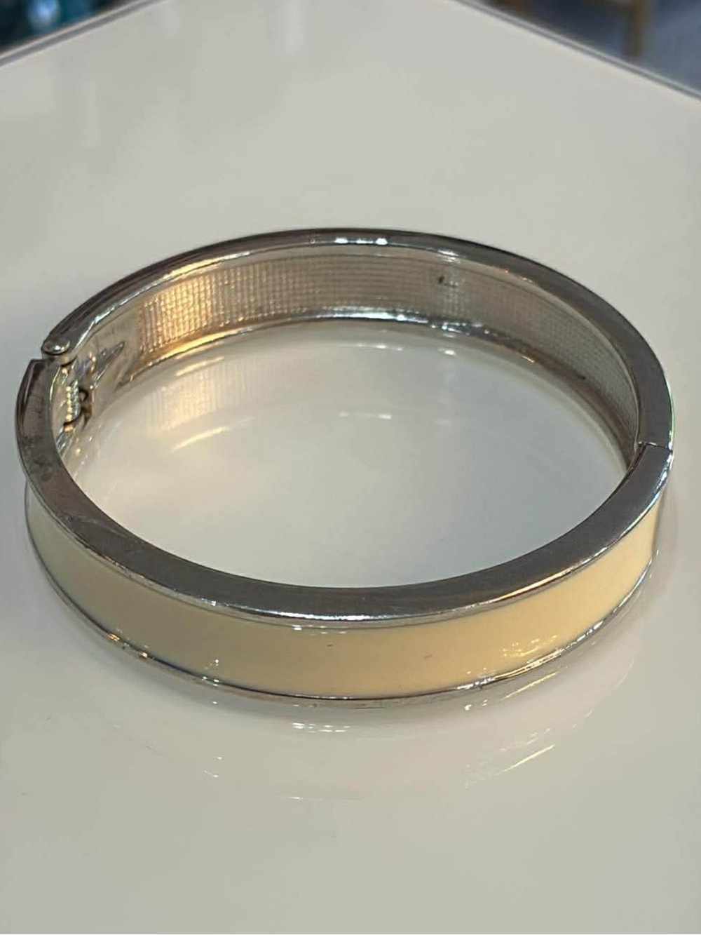 Cream Enamel Hinged Bangle Bracelet